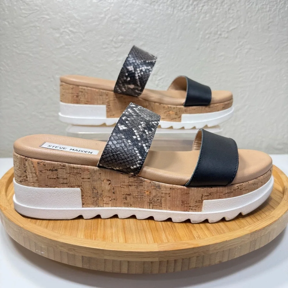 Steve Madden Thalia Platform Sandals 9M Snakeskin Cork Colorblock Flatflorm Y2K